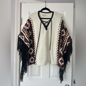 Idyllwind Cream and Brown Poncho with Fringe